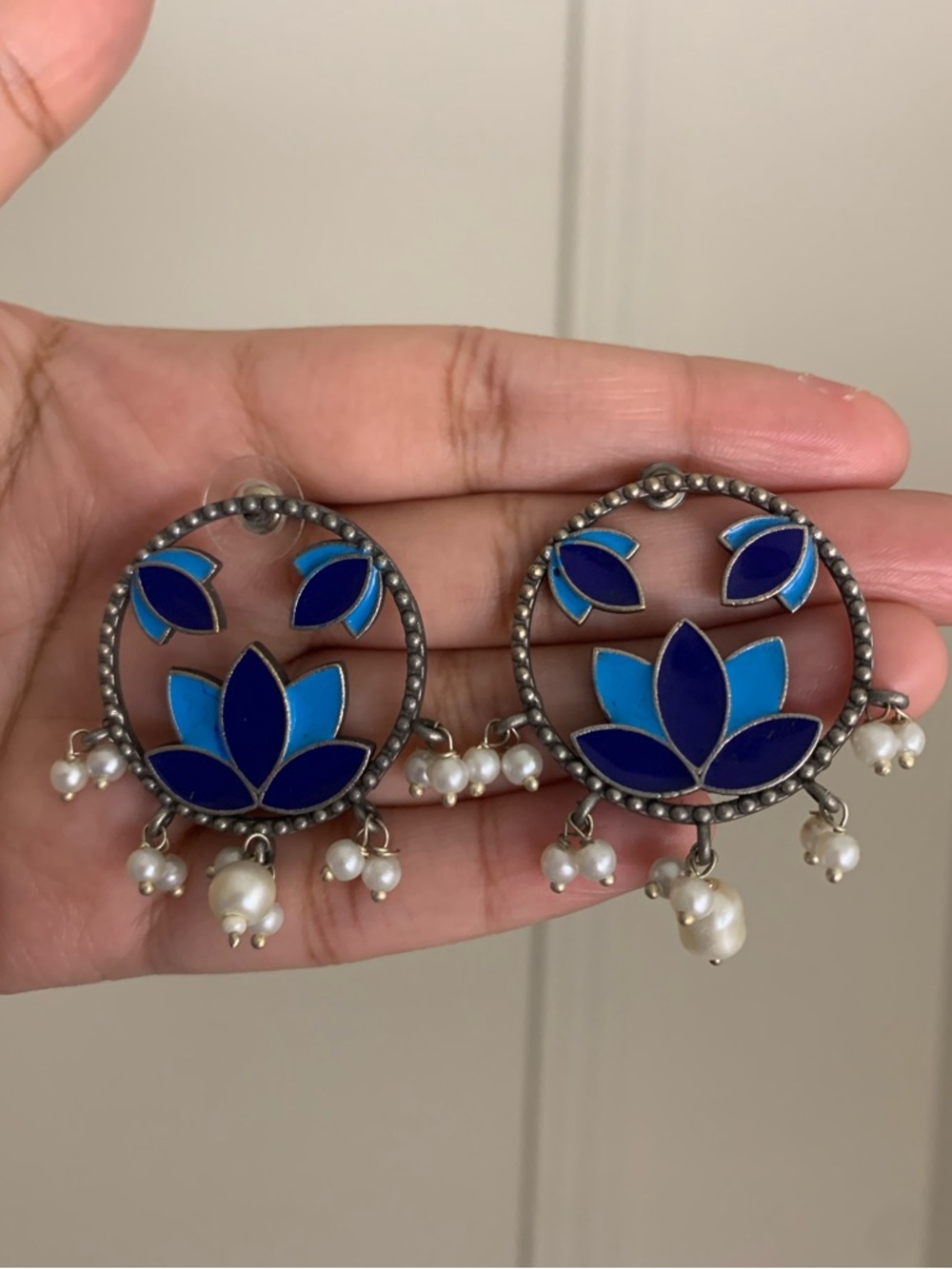 Blue Lotus Circle Drop Earrings with Pearl Dangles